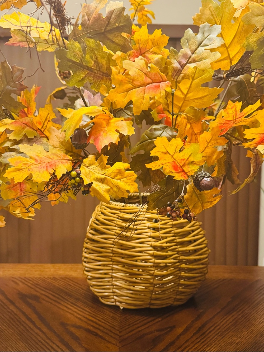 Hobby Lobby Yellow & Orange Faux Oak Leaf Arrangement in Wicker basket